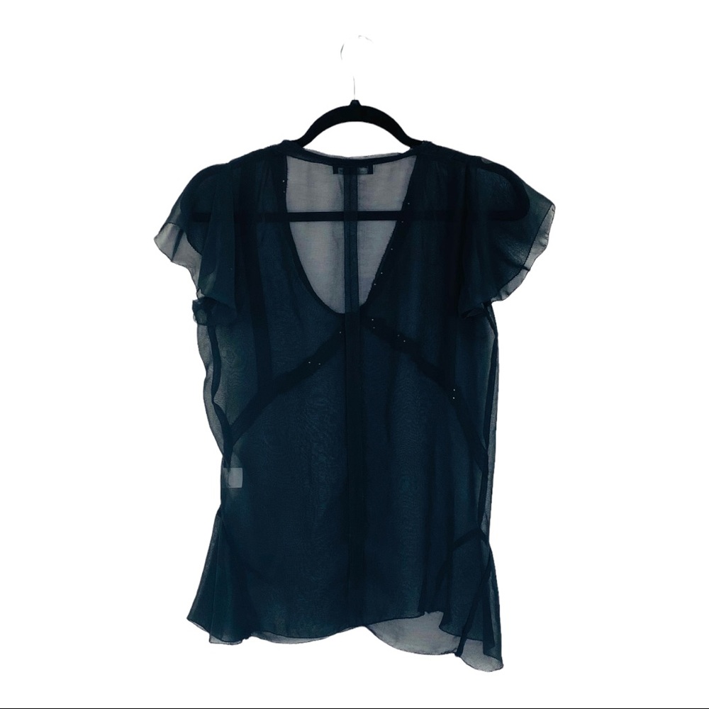 ZARA W&B Collection Chiffon Sheer Short Sleeve Top Embellished w/ Faux Pearls S - Picture 7 of 10